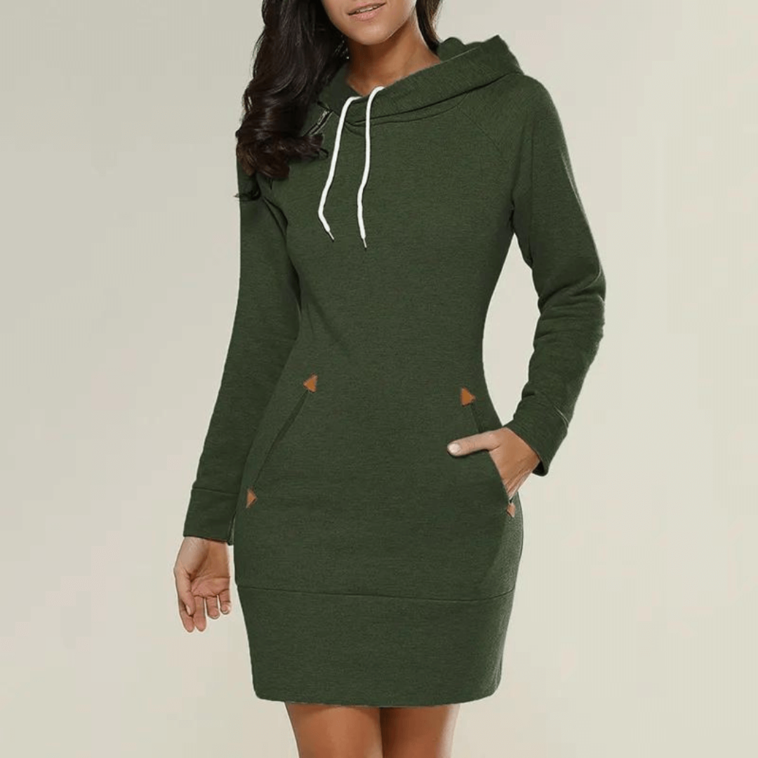Cozy women's long sleeve hooded dress, sweatshirt style with practical side pockets.