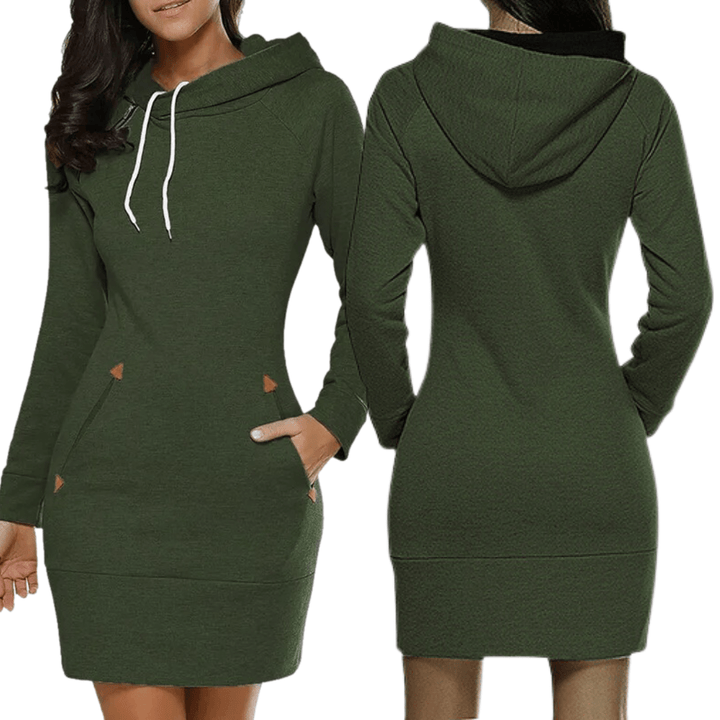 Soft fabric women's long sleeve hooded sweatshirt dress, showcasing cozy texture & pockets.