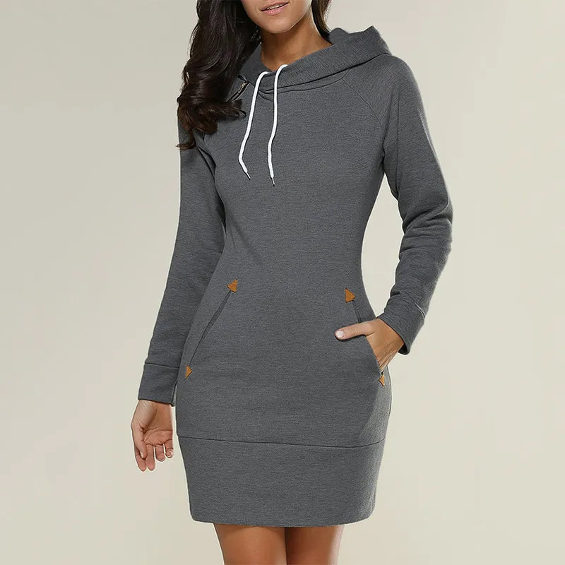 Women's comfy hooded long sleeve sweatshirt dress with practical front pockets for convenience.