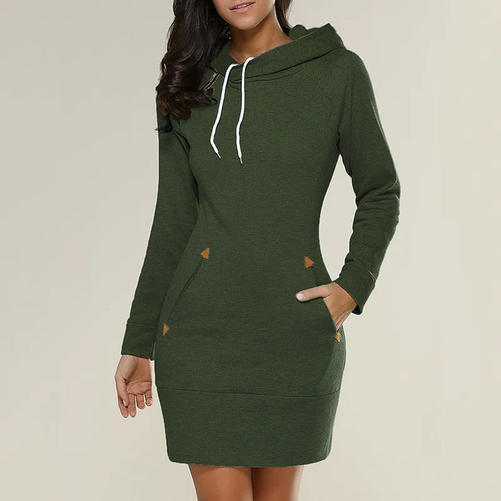 Women's hooded sweatshirt dress, a cozy long sleeve casual dress with functional pockets.