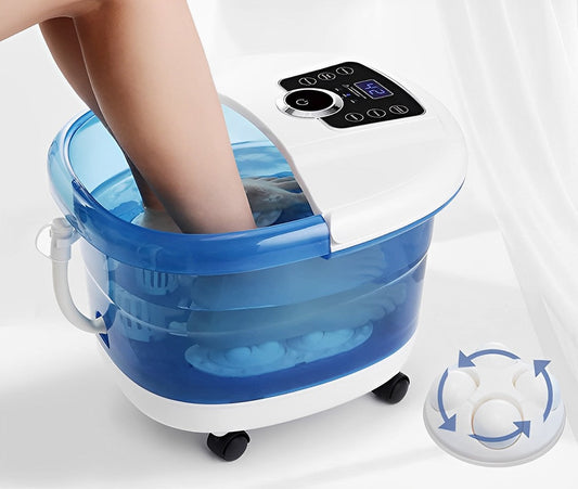 "Hydrotherapy Foot Spa Massager with heat, 4 motorized rollers, ergonomic design, blue and white, for ultimate relaxation"