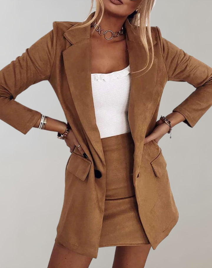 Elegant women's coordinating blazer & mini skirt set, a versatile two-piece tailored outfit for modern fashion.