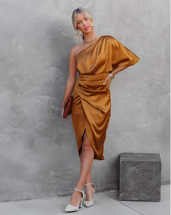 Fashion-forward women's elegant midi dress featuring an asymmetrical off-shoulder design for parties.