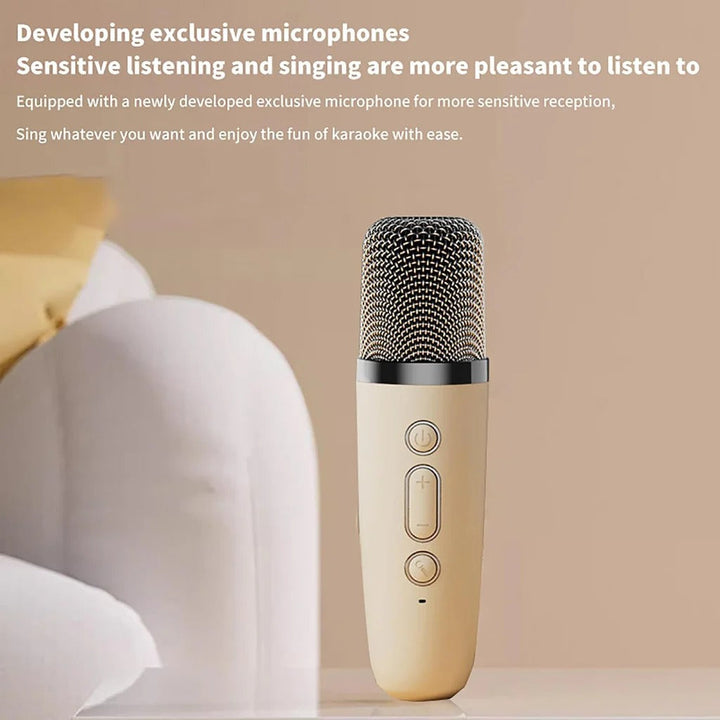 Compact karaoke speaker system featuring wireless microphones and long-lasting rechargeable battery.