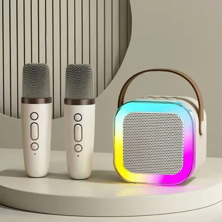 Rechargeable portable karaoke speaker, ideal for on-the-go fun with dual wireless mics for singing.