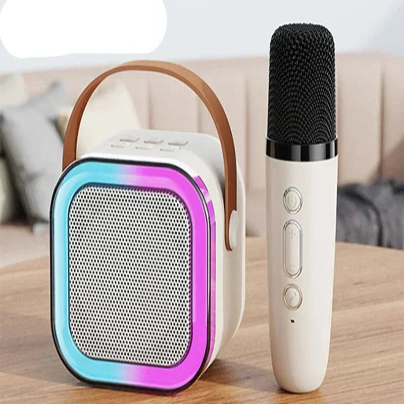 Unisex portable karaoke speaker with wireless microphones, perfect for parties & music entertainment.