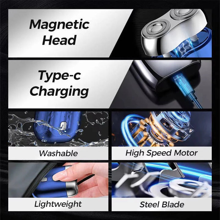 Durable waterproof electric shaver with dual blades for men's face and body grooming. Wet or dry use.