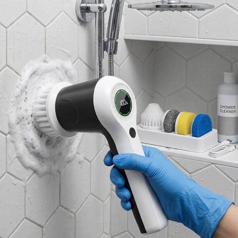 Ergonomic cordless electric spin scrubber with various brush heads for versatile deep cleaning tasks.
