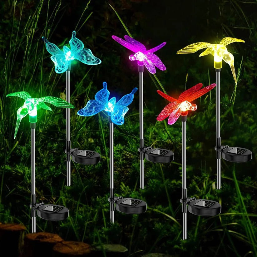 Set of 6 outdoor solar animal figurine lights for garden pathways, decorative LED waterproof.