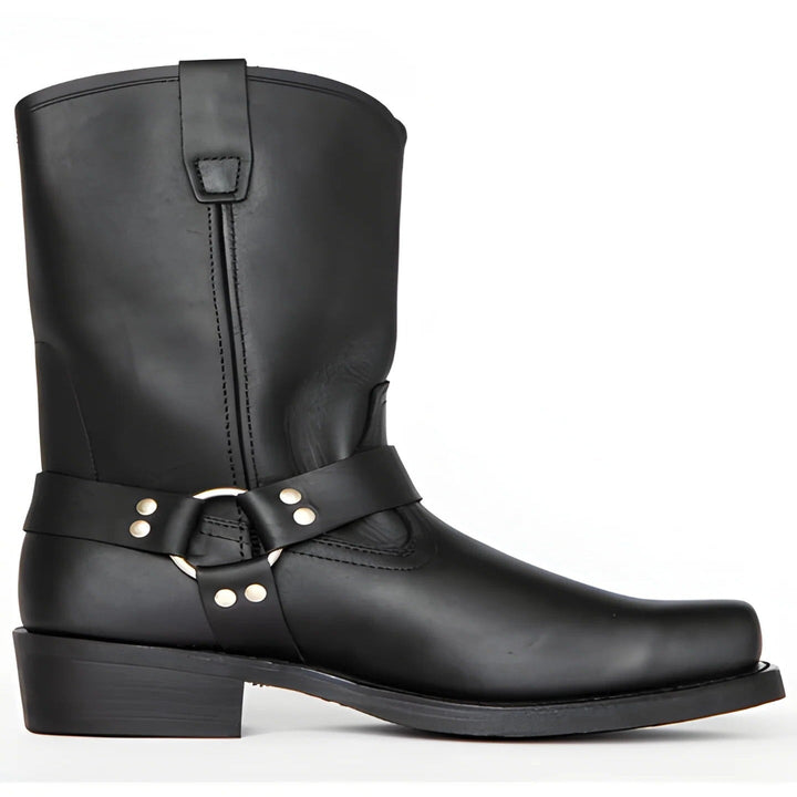 Men's black harness boots with 11-inch shaft & non-slip sole. Durable motorcycle & work boots for rugged wear.