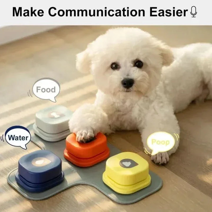 Pet training speech buttons teaching dogs to communicate. An effective interactive tool for dog mental stimulation.