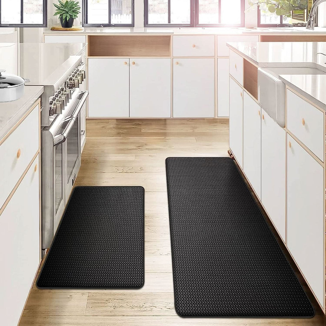 Cushioned anti-fatigue mat for home kitchen, ergonomic design ensures lasting standing comfort.