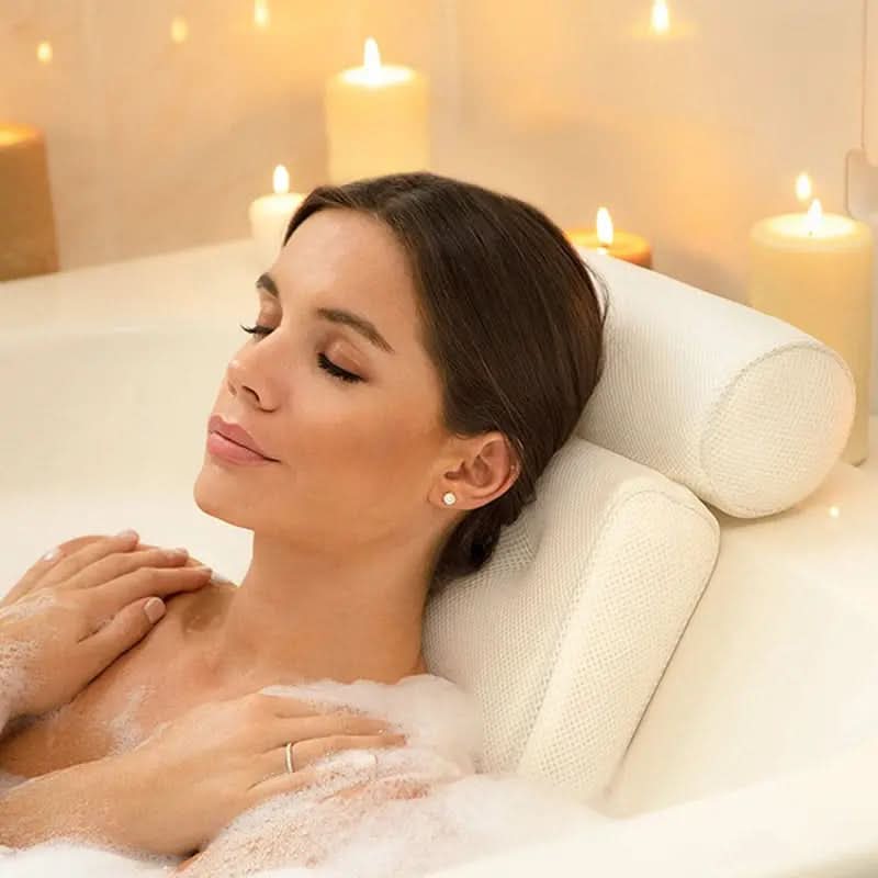 Soft, comfortable bath pillow with powerful suction cups, providing excellent neck and head support in the tub.