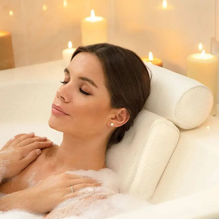 Soft, comfortable bath pillow with powerful suction cups, providing excellent neck and head support in the tub.