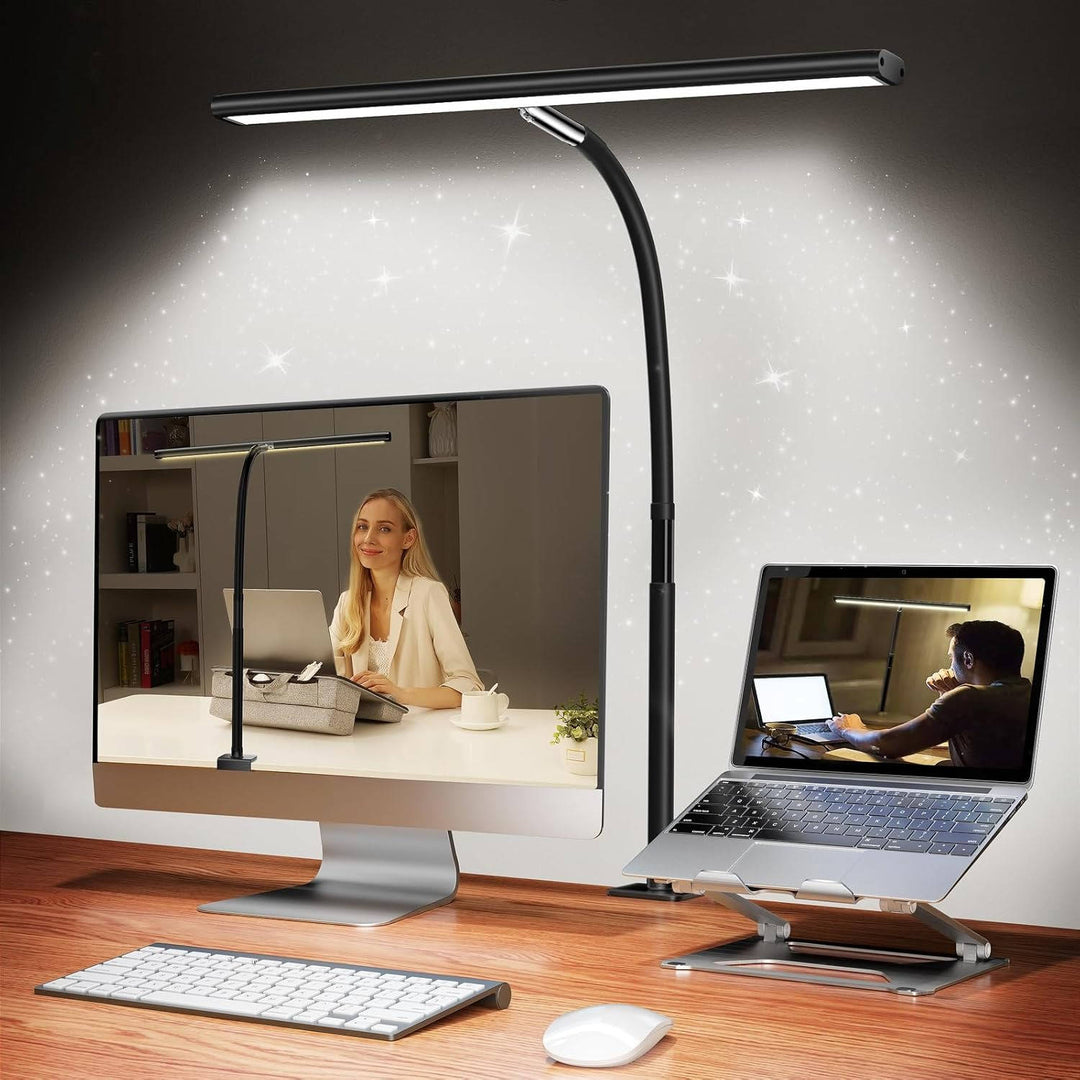 Adjustable gooseneck LED desk lamp with stepless dimming and color control for optimal workspace lighting.