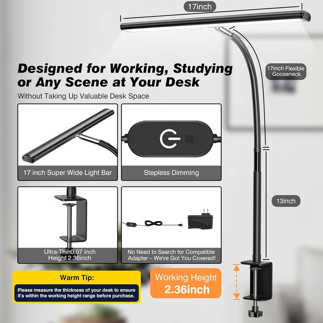 Flexible LED task lamp for desks, featuring adjustable gooseneck, dimming, and color temperature control.