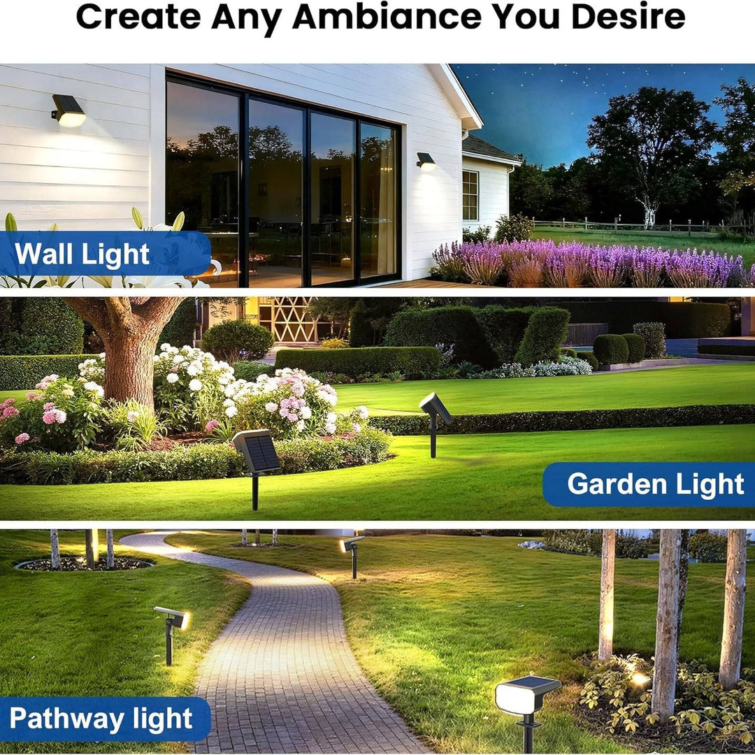 Bright 4-pack solar garden spotlights with auto sensor & dual light modes for enhanced outdoor ambiance.