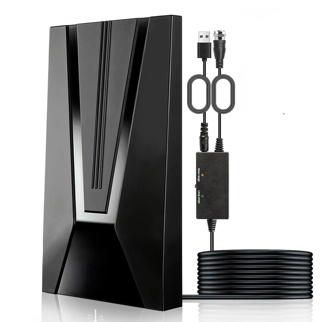 Indoor HDTV antenna, sleek design, 360-mile range, signal booster, multi-directional, enhances TV reception, tech gadget.