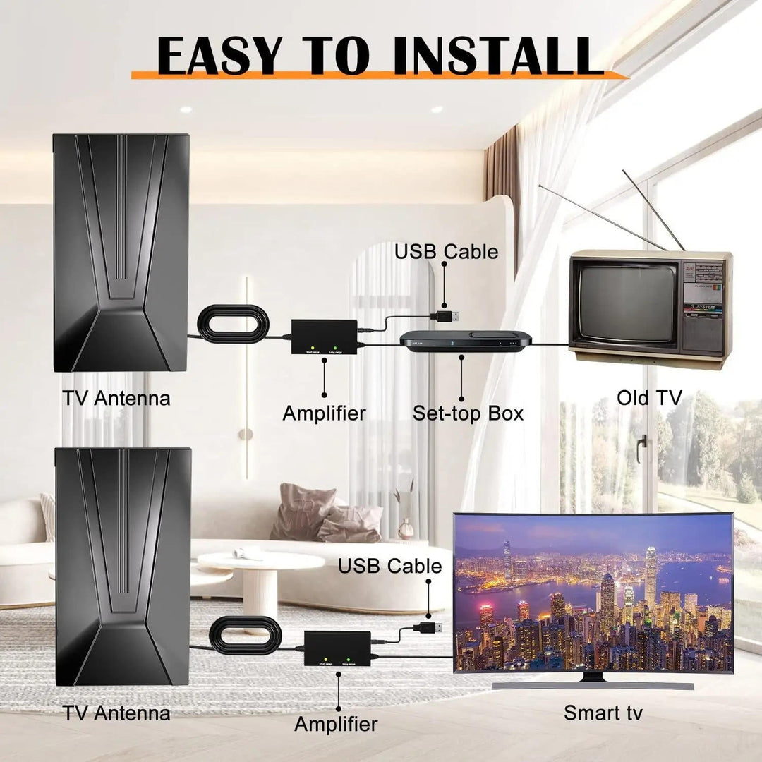 Indoor HDTV antenna, sleek design, 360-mile range, signal booster, multi-directional, enhances TV reception, tech gadget.