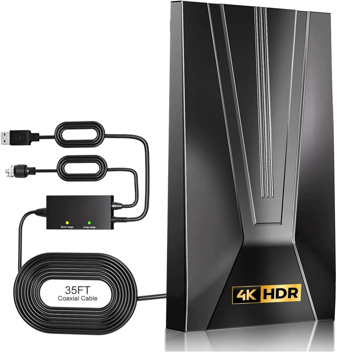 Indoor HDTV antenna, sleek design, 360-mile range, signal booster, multi-directional, enhances TV reception, tech gadget.