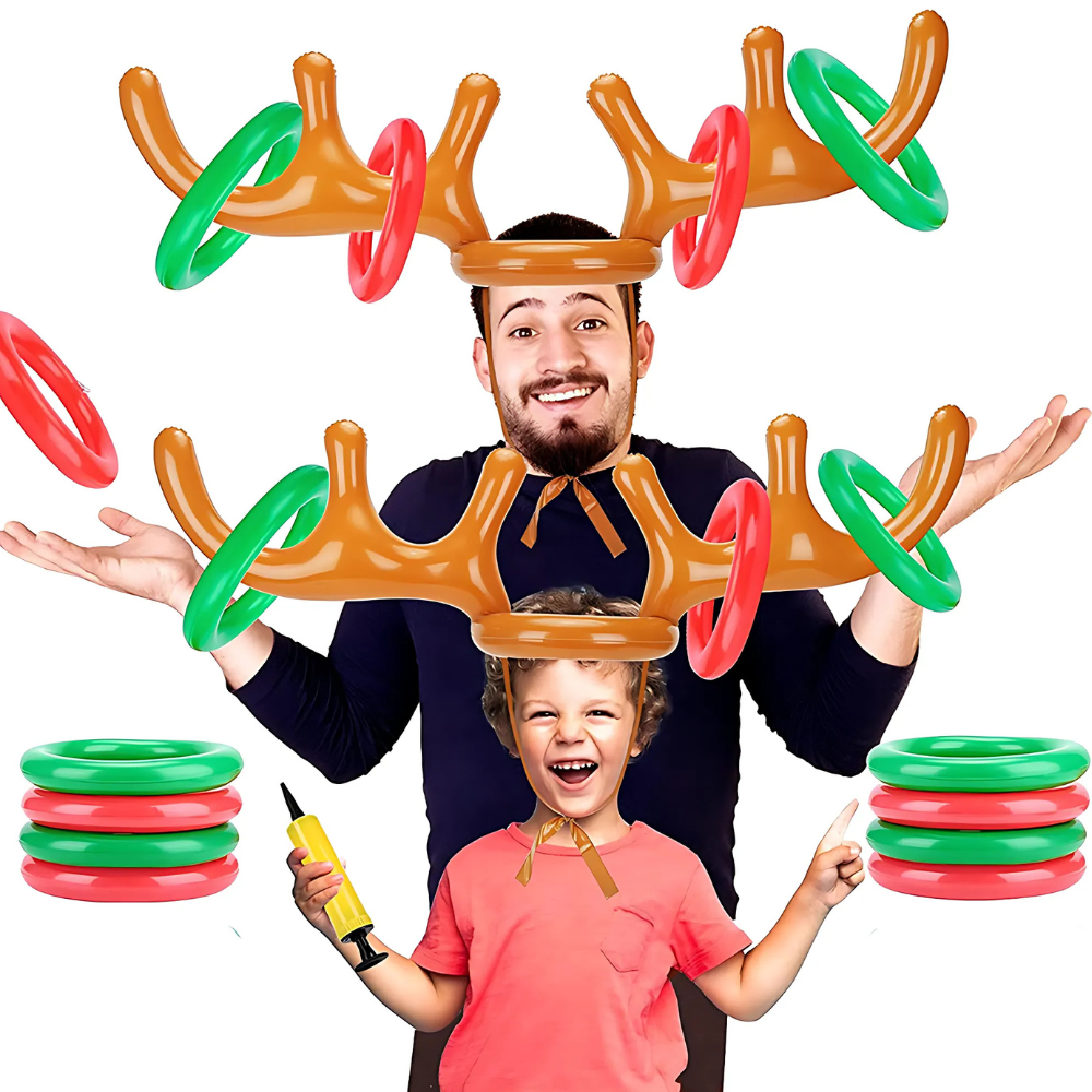 "Inflatable reindeer antler ring toss game with colorful rings, perfect for kids' Christmas parties and holiday fun."