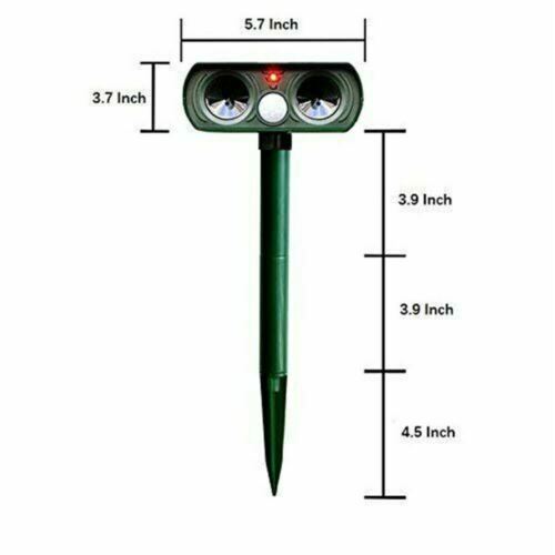 "Infrared Solar Ultrasonic Animal Repeller for garden protection, green device with solar panel and motion detector"