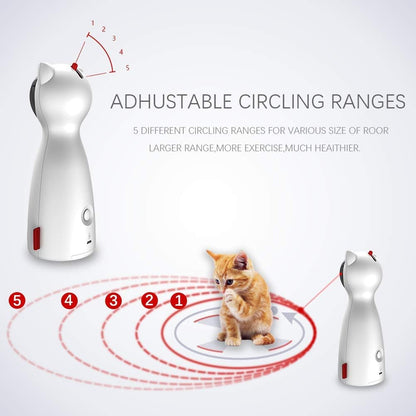 "Interactive Automatic Cat Laser Toy, white, dome shape with adjustable laser, ideal for engaging cats' hunting instincts."