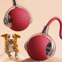 Interactive dog rolling ball with tail; vibrant, durable design; random movement; ideal for playful dog engagement.
