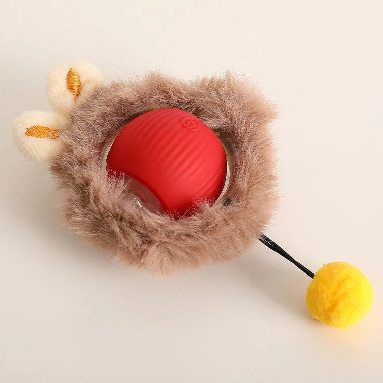 Interactive dog rolling ball with tail; vibrant, durable design; random movement; ideal for playful dog engagement.