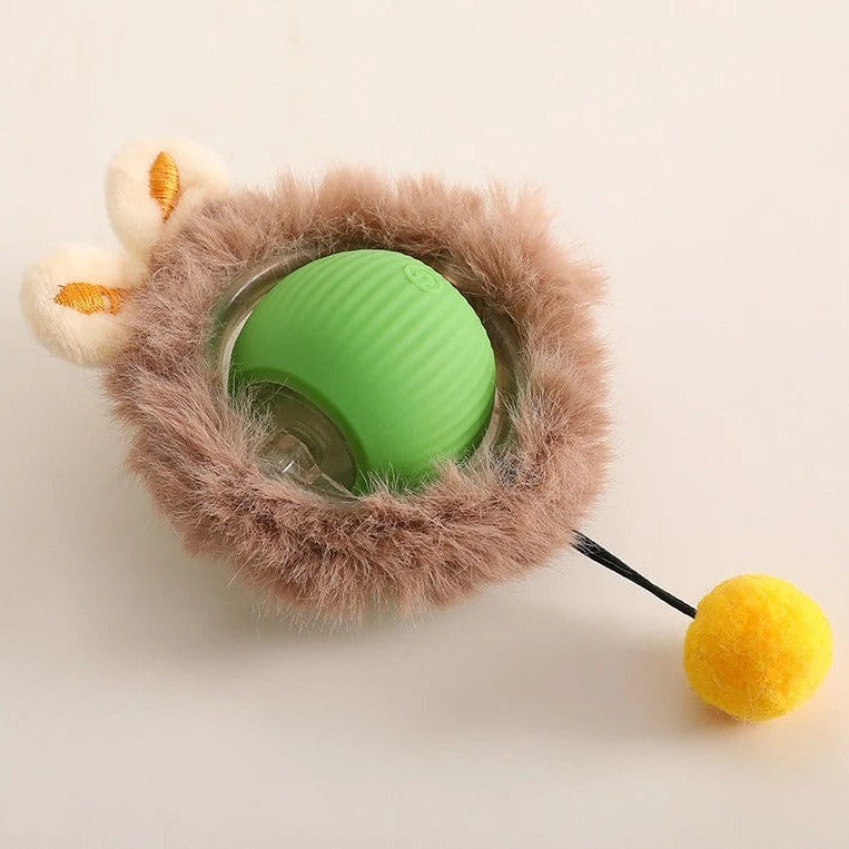 Interactive dog rolling ball with tail; vibrant, durable design; random movement; ideal for playful dog engagement.