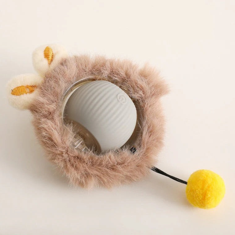Interactive dog rolling ball with tail; vibrant, durable design; random movement; ideal for playful dog engagement.