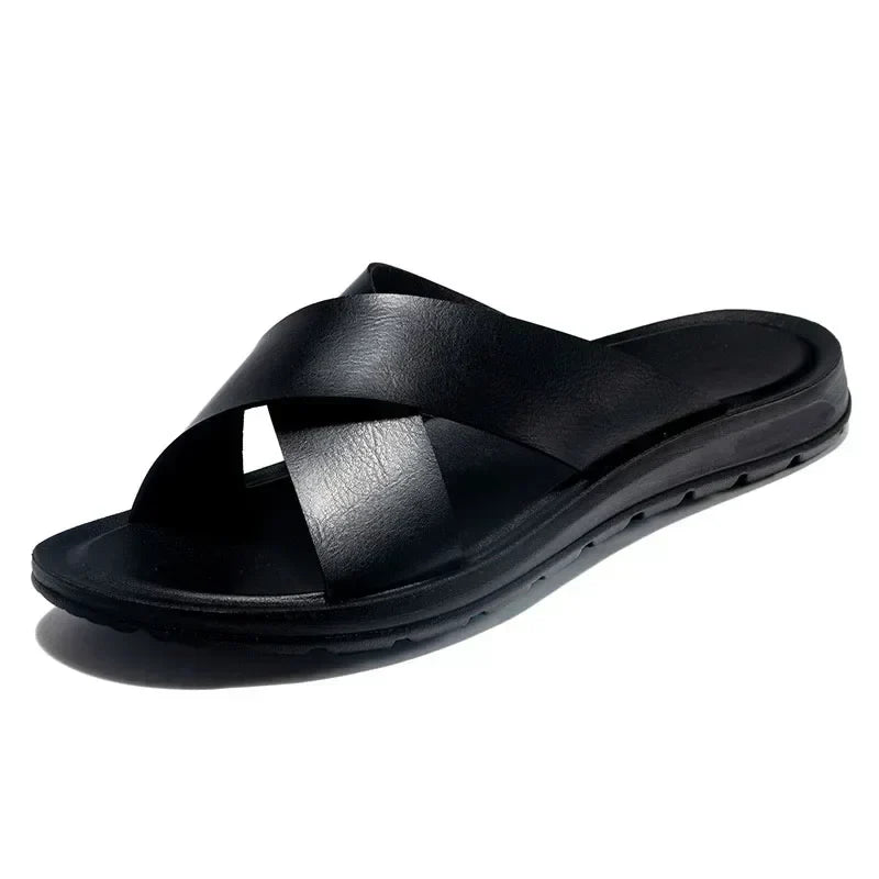 High-quality Italian men's leather slip-on sandals. Comfortable summer footwear for a relaxed look.