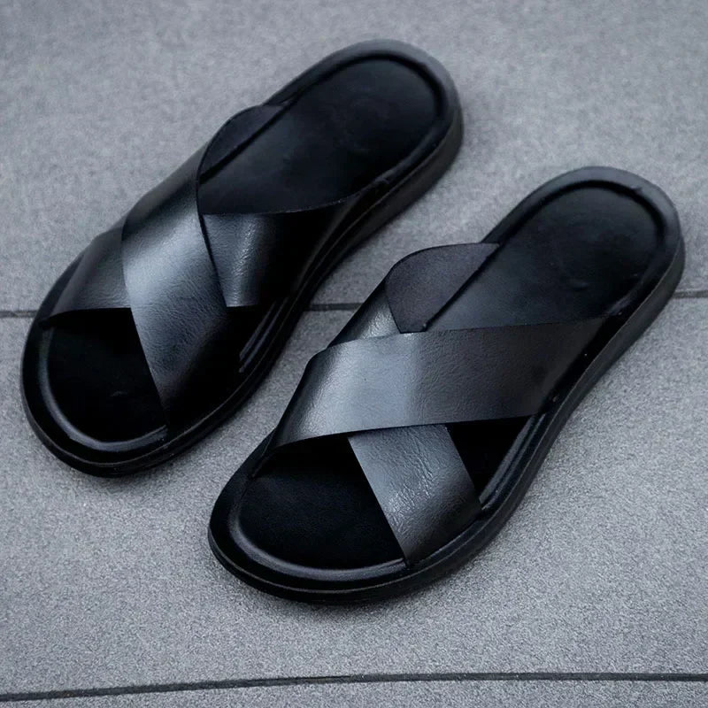 Men's Italian leather slip-on sandals. Lorenzo design for ultimate summer comfort & style.