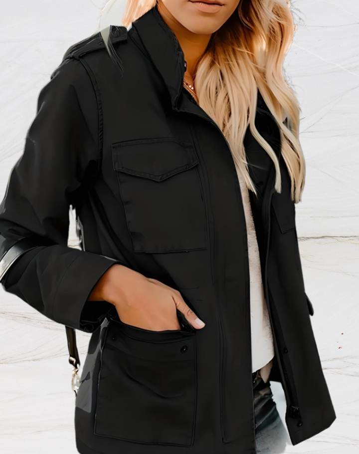 Women's versatile zippered utility jacket in olive green, perfect for everyday casual style and transitional weather.