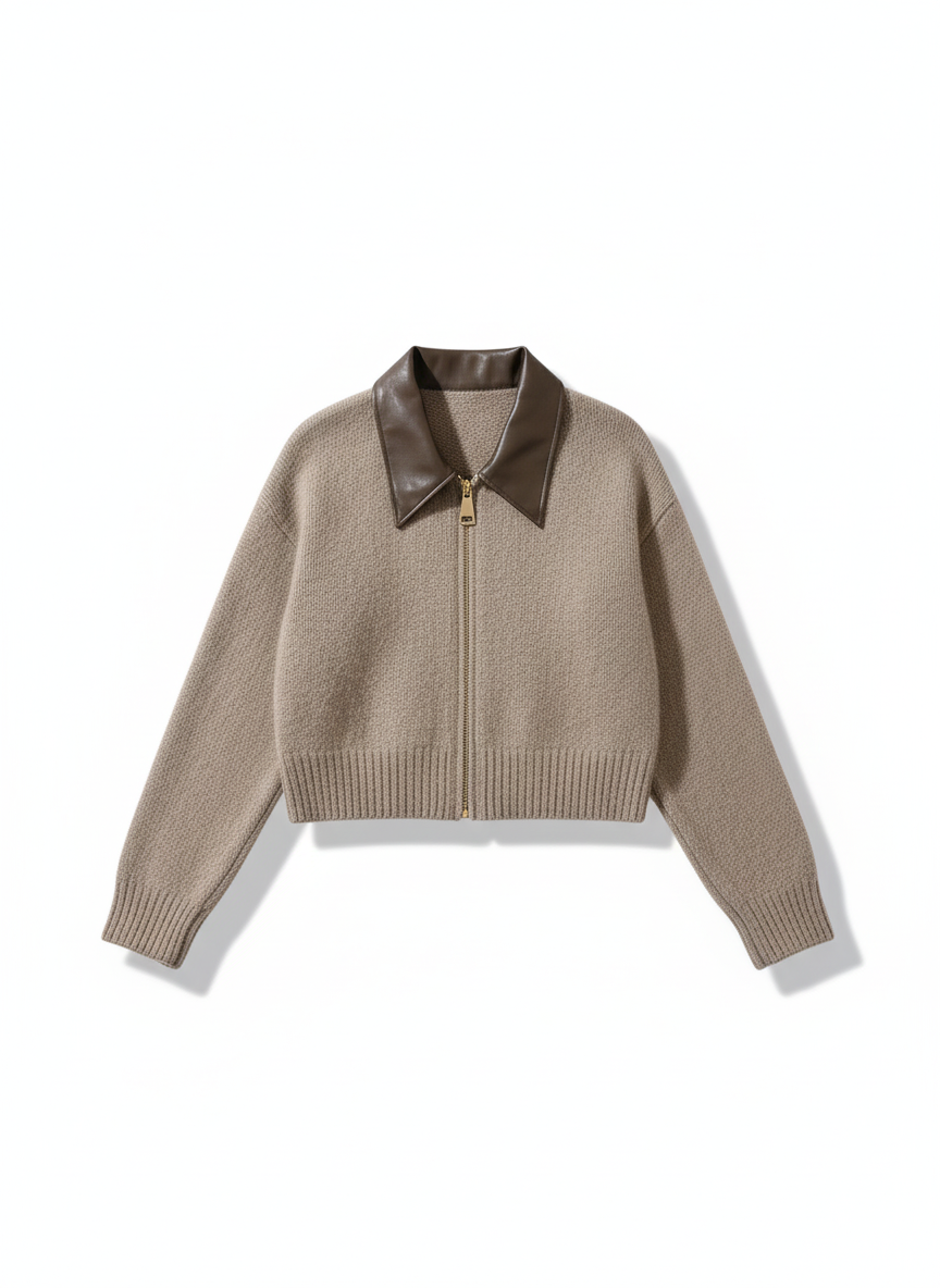 Khaki women's cable knit zip-front cardigan, classic and warm for cozy style