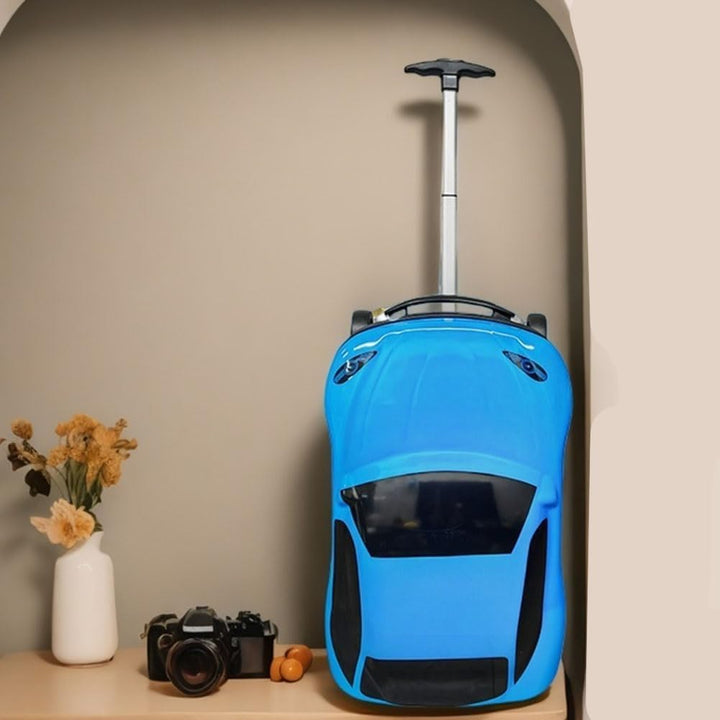Easy-to-pull 18-inch car luggage for kids, a wheeled suitcase in red with a retractable handle for children's travel.
