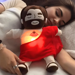"Kids Soothing Jesus plush toy, soft with red and blue colors, serene smile, ideal for spiritual comfort and play."