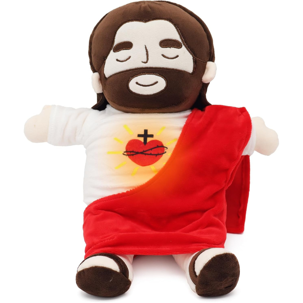 "Kids Soothing Jesus plush toy, soft with red and blue colors, serene smile, ideal for spiritual comfort and play."