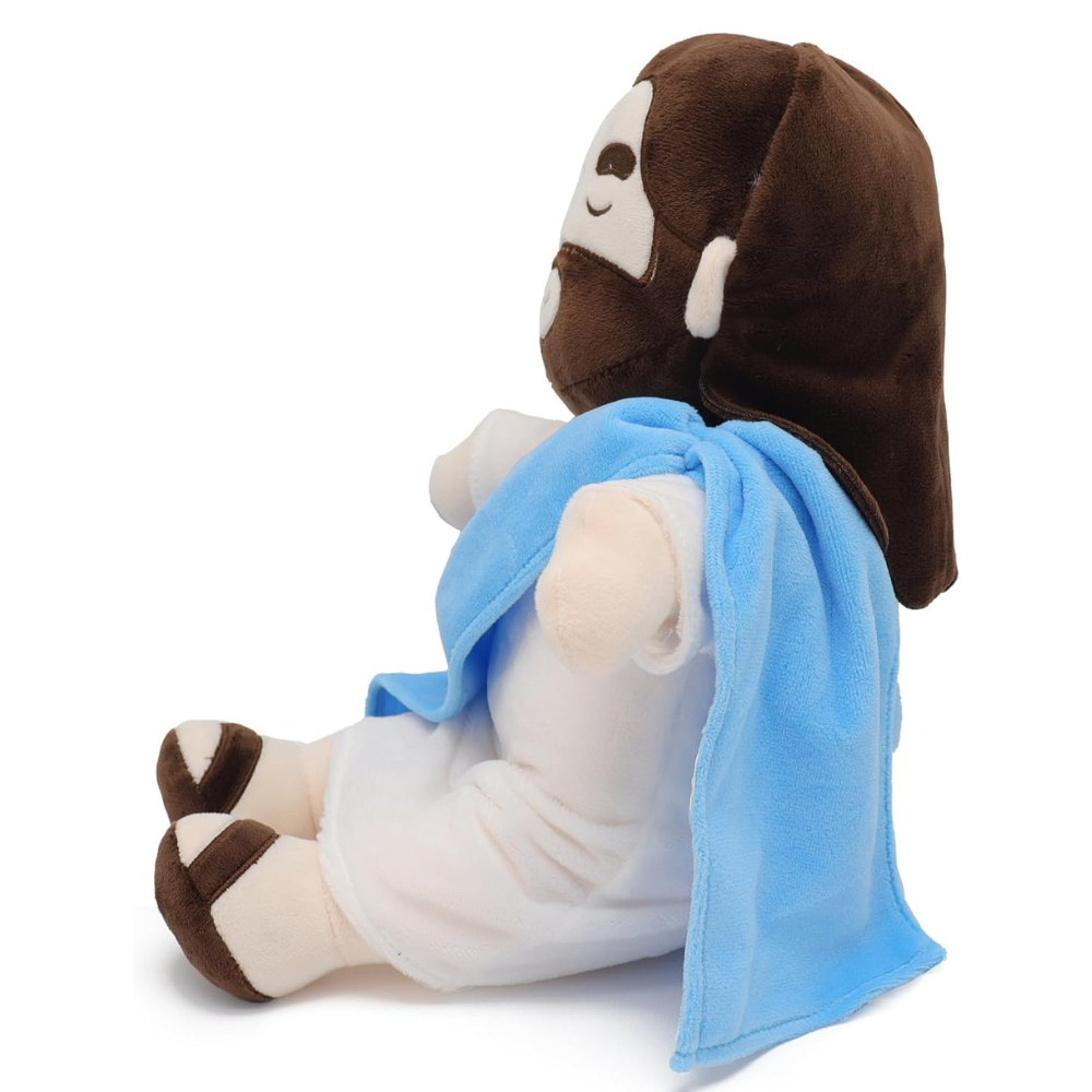 "Kids Soothing Jesus plush toy, soft with red and blue colors, serene smile, ideal for spiritual comfort and play."
