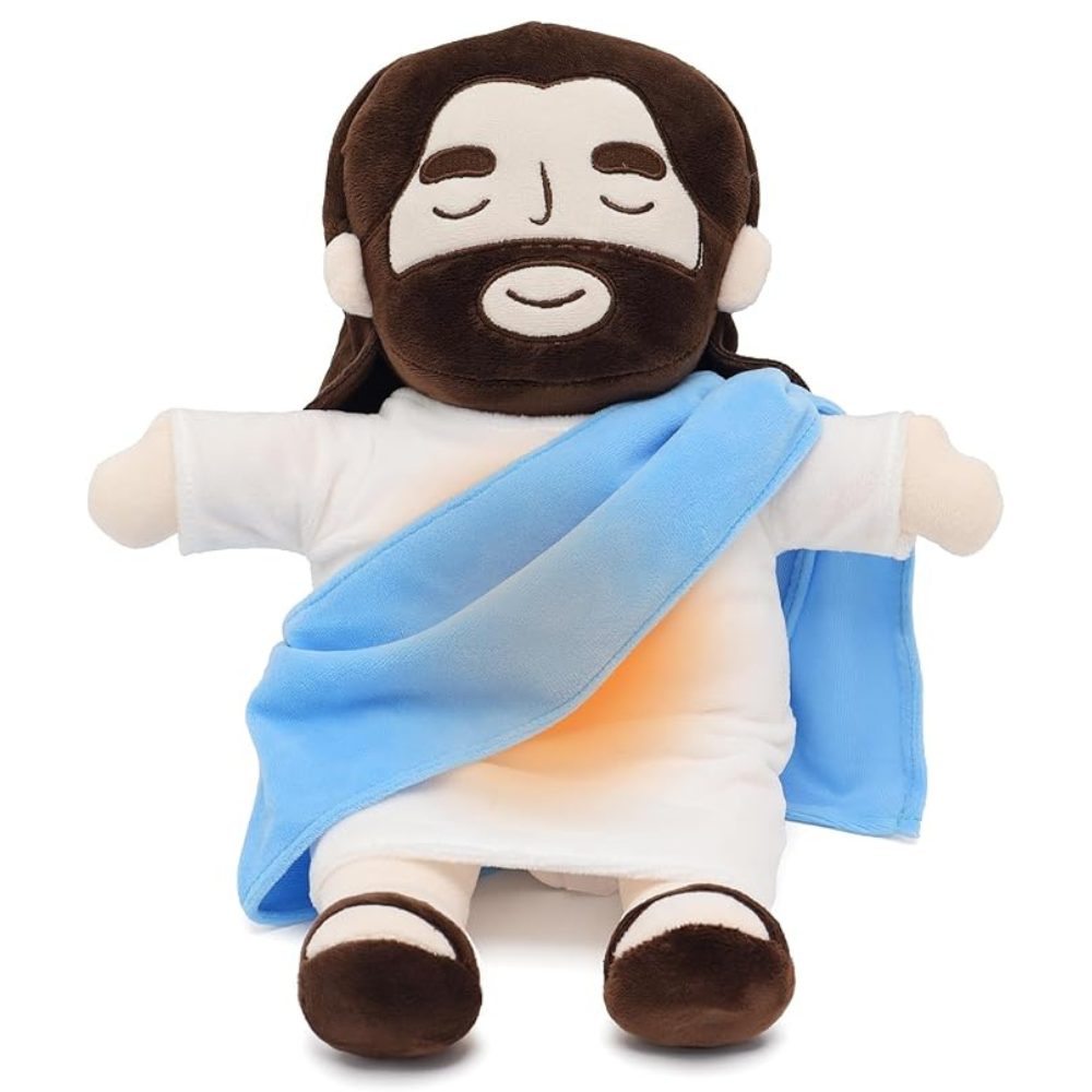 "Kids Soothing Jesus plush toy, soft with red and blue colors, serene smile, ideal for spiritual comfort and play."