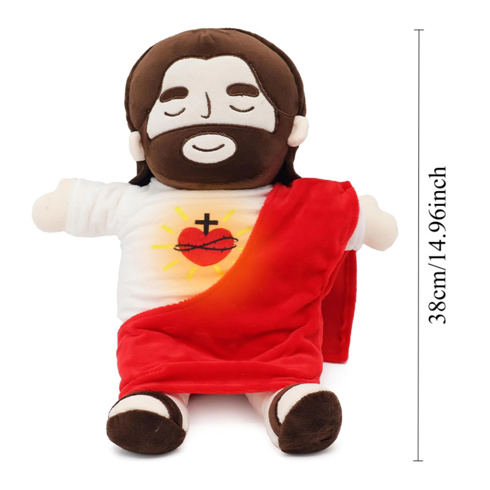 "Kids Soothing Jesus plush toy, soft with red and blue colors, serene smile, ideal for spiritual comfort and play."