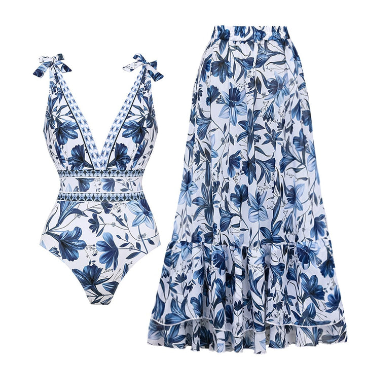 Flattering women's two-piece swimsuit with matching beach skirt, perfect for beach vacation outfit.