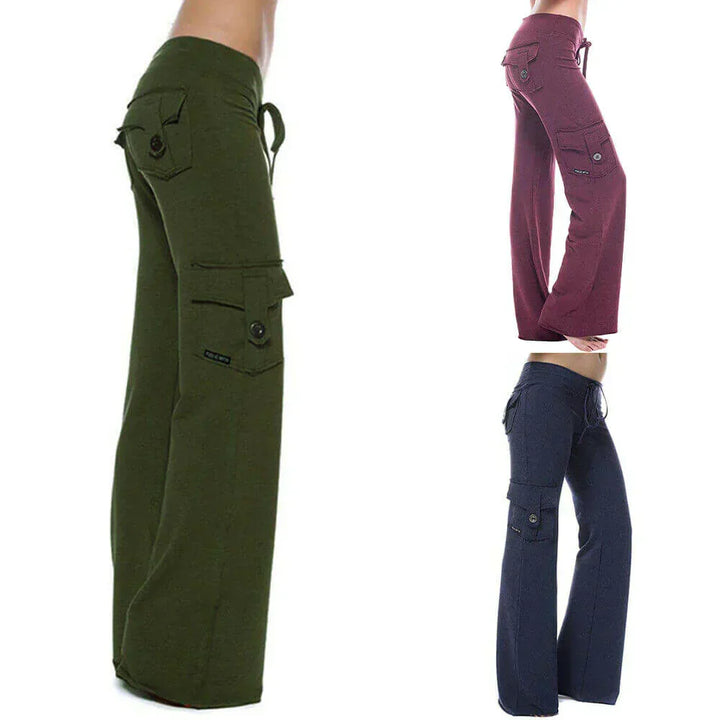 Women's flattering bootcut cargo pants with multiple pockets, ideal for casual wear.