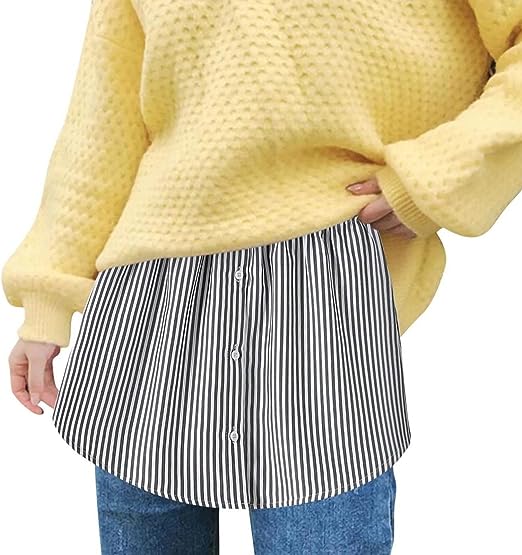 White women's elastic waist shirt extender, stylish round hem, for comfortable layering.