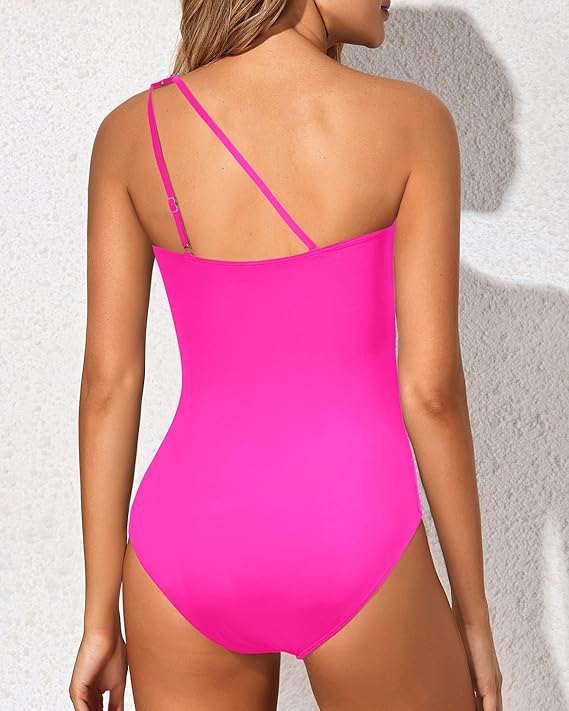 Women's one-shoulder tummy control swimwear, ideal for a flattering summer vacation.