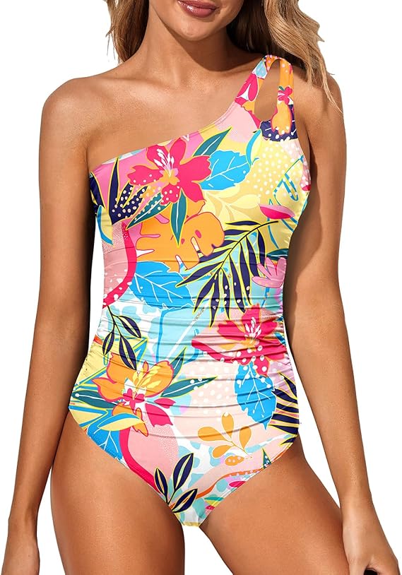 Slimming women's one-shoulder swimsuit, designed with tummy control for ultimate comfort.