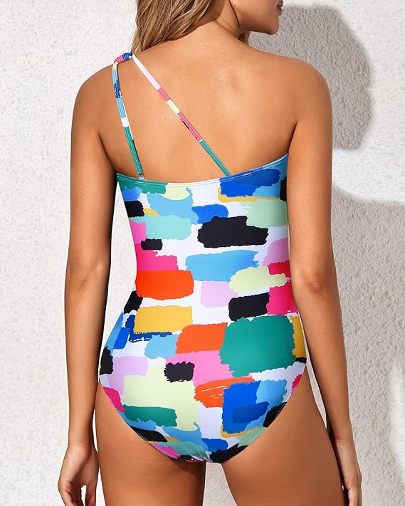 Stylish one-shoulder women's swimsuit, perfect for tummy control & elegant poolside fashion.
