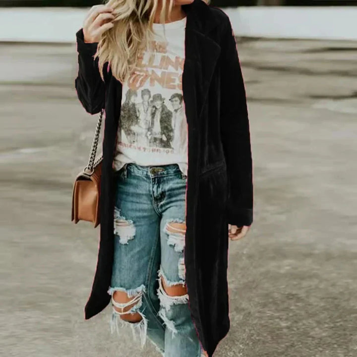 Sophisticated women's velvet duster coat. Elegant long cardigan, versatile for all-season layering.