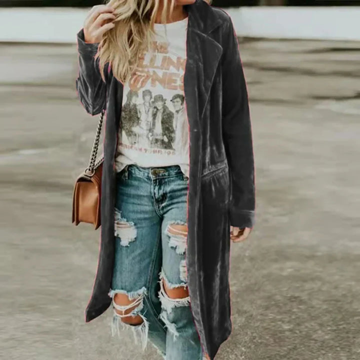 Women's luxurious long duster. Soft velvet, perfect for chic layering, fall fashion or winter style.