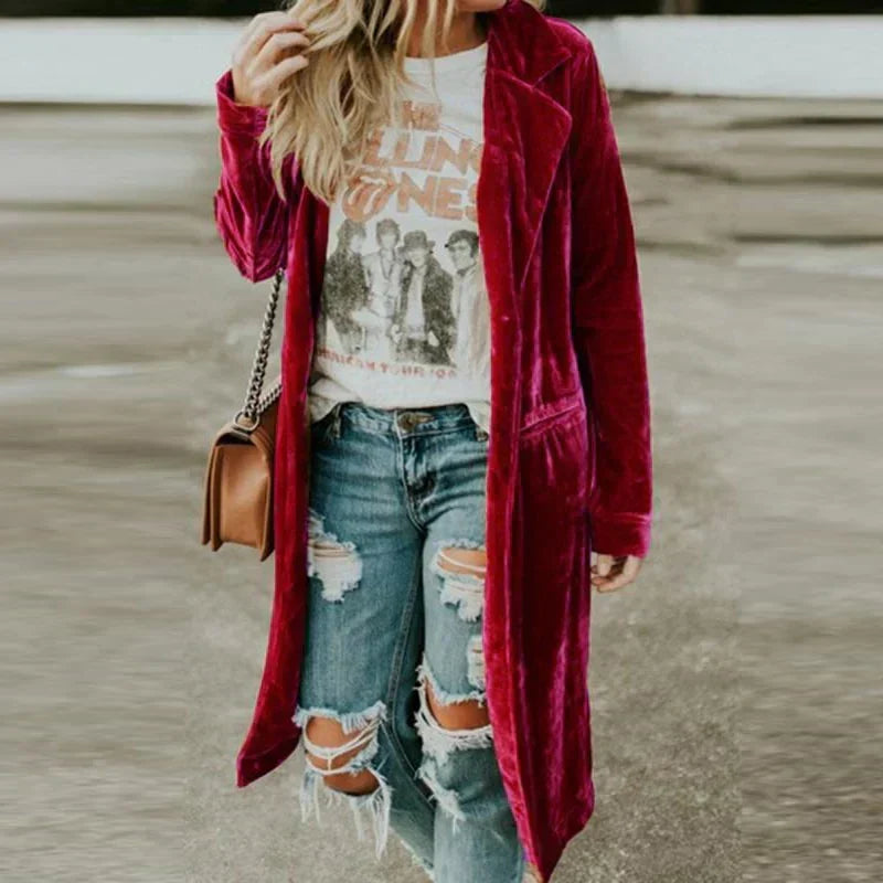 Chic open-front women's duster coat. Perfect loose fit elegant outerwear for winter & daily wear.